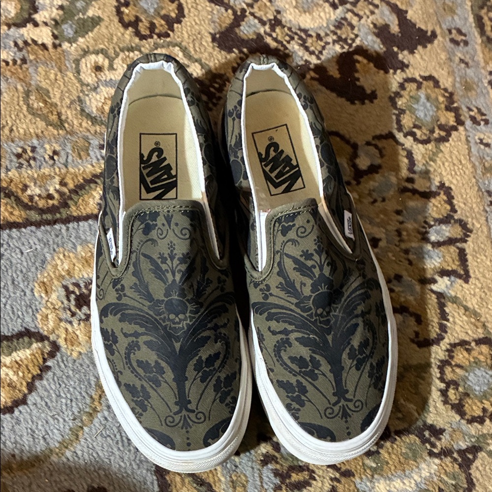Vans Green and Black Floral Skull Slip-Ons